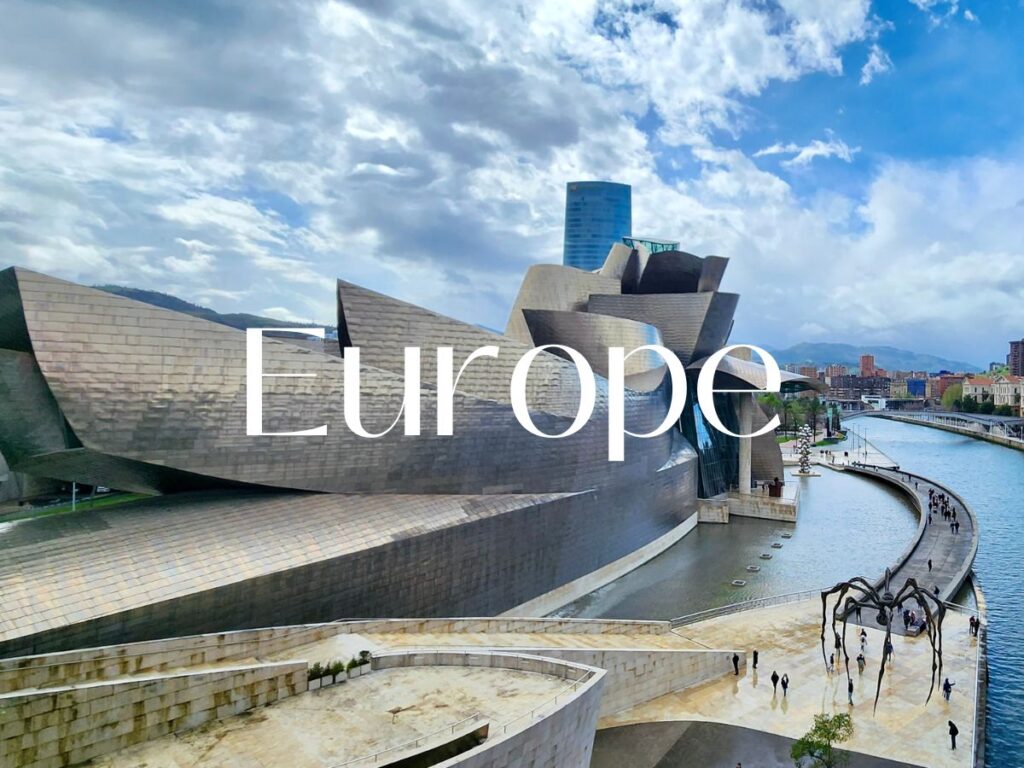 Europe - with a photo of the Guggenheim Museum in Bilbao, Spain in the background