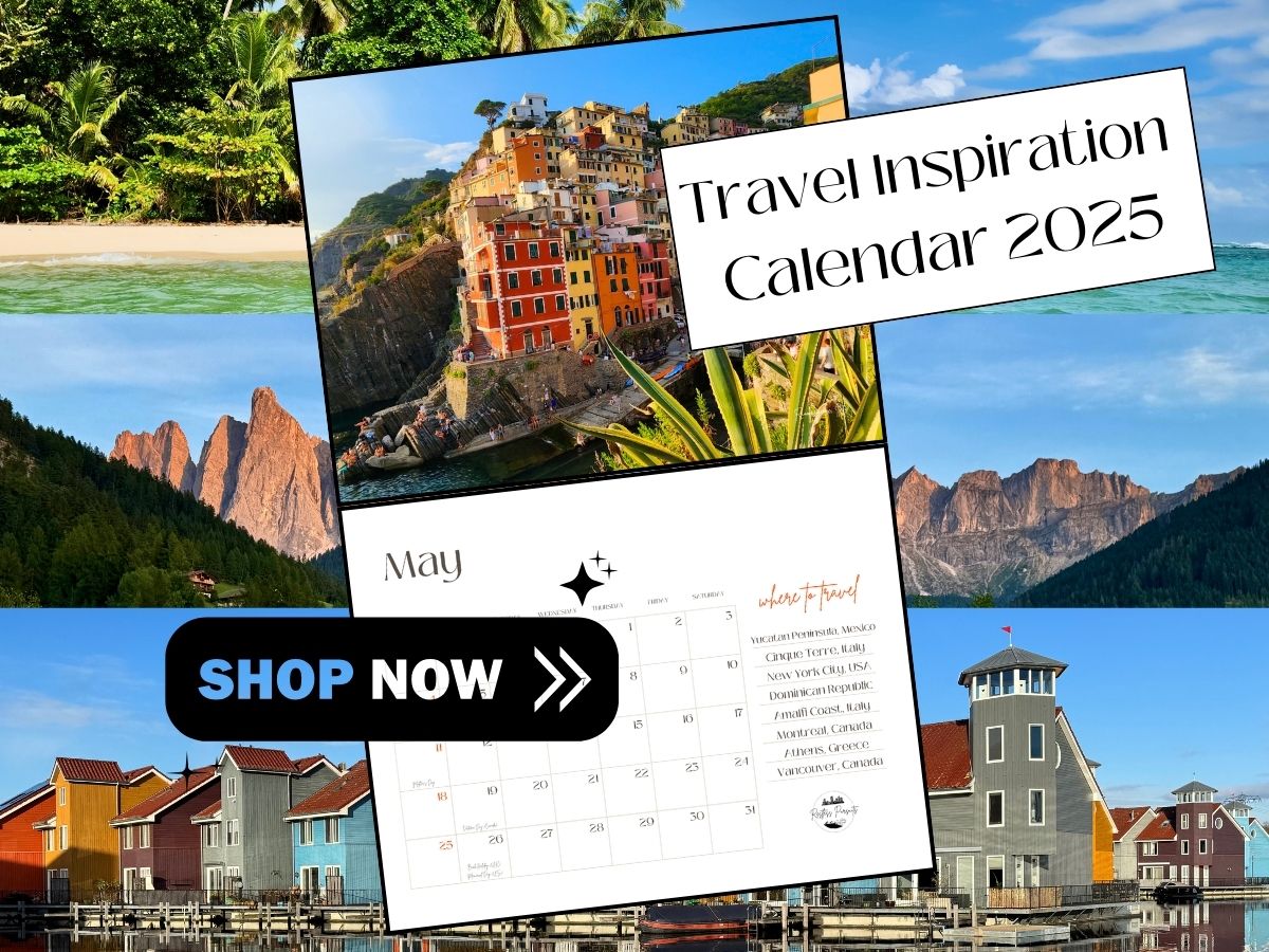 Travel Inspiration Calendar - Shop Now - Inside of the Calendar example month with a photo of Riomaggiore, Italy